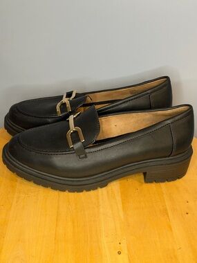 Rachel Zoe Black Leather Lug-Sole Loafers with Gold Hardware 8 1/2 NEW!